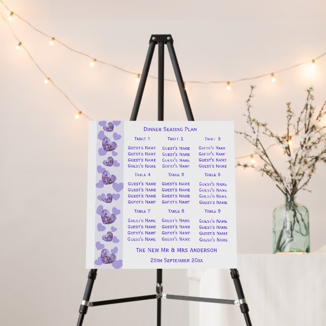 Purple Wisteria Heart Design Wedding Seating Chart Foam Board (In Situ (Stand))
