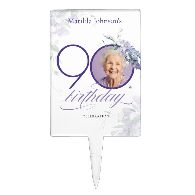 Purple Wisteria Photo 90th Birthday Cake Topper (Front)