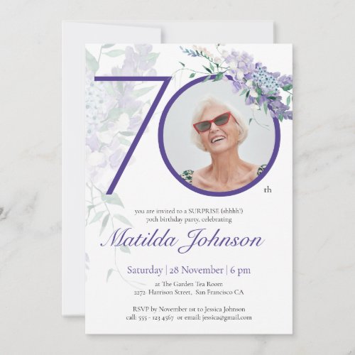 Purple Wisteria Photo Surpirse 70th Birthday Party Invitation