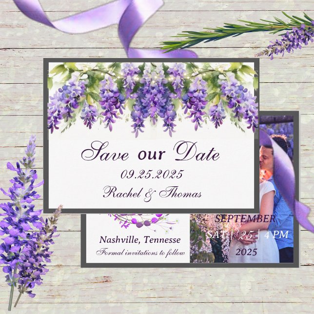Purple Wisteria Themed Wedding Save the Date Card (Creator Uploaded)