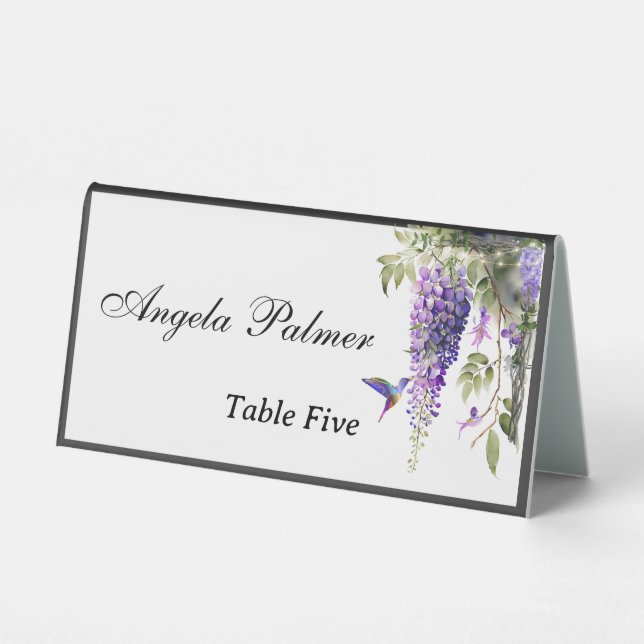 Purple Wisteria Themed Wedding Table Tent (Front)