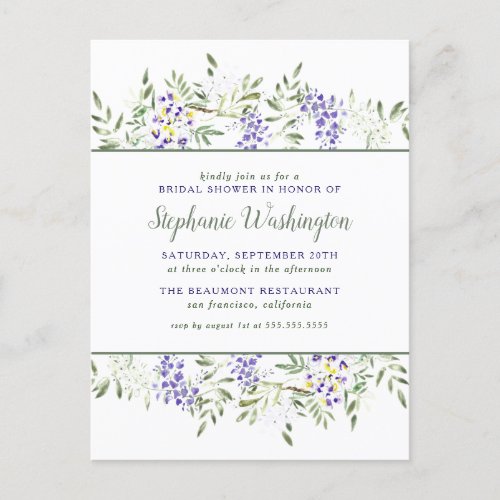 Purple Wisteria Watercolor Floral Bridal Shower Invitation Postcard