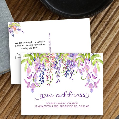 Purple Wisteria Watercolor Floral New Address Announcement Postcard
