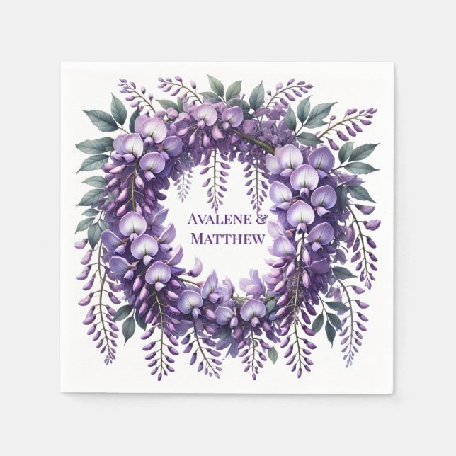 Purple Wisteria Wreath Wedding Napkins (Front)