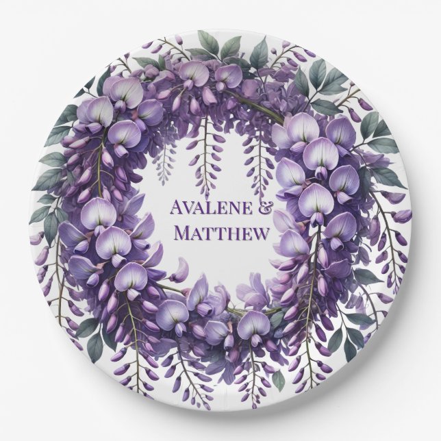 Purple Wisteria Wreath Wedding Paper Plates (Front)
