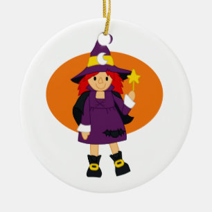Purple witch cartoon orange behind ceramic ornament