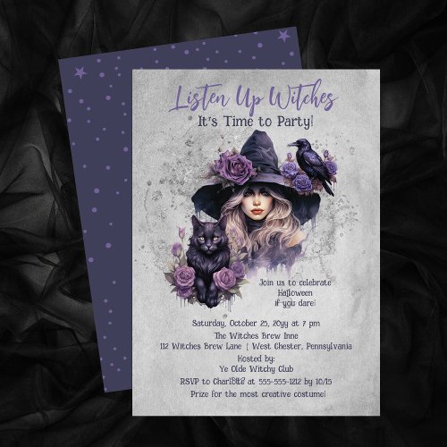 Purple Witch Cat and Raven Halloween Party Invitation