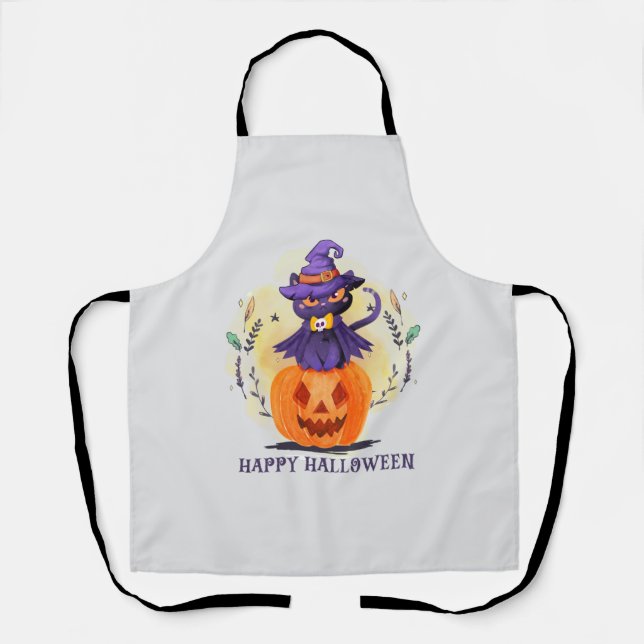 Purple Witch Cat on Pumpkin – Happy Halloween Apron (Front)