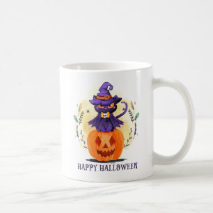 Purple Witch Cat on Pumpkin – Happy Halloween Coffee Mug