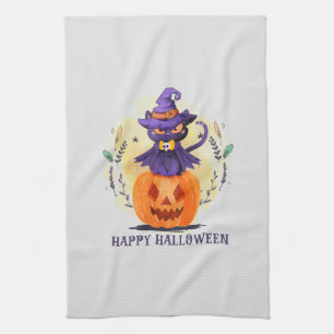Purple Witch Cat on Pumpkin – Happy Halloween Kitchen Towel