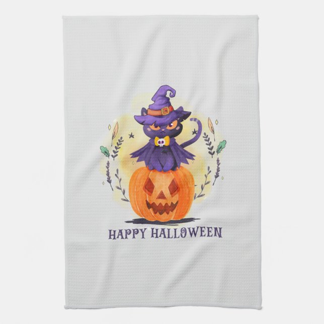 Purple Witch Cat on Pumpkin – Happy Halloween Kitchen Towel (Vertical)