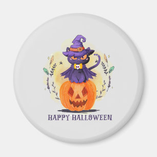 Purple Witch Cat on Pumpkin – Happy Halloween Magnet