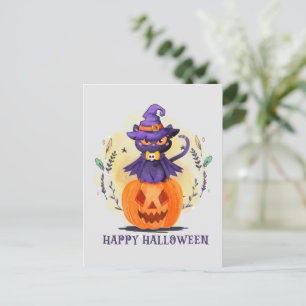 Purple Witch Cat on Pumpkin – Happy Halloween Postcard