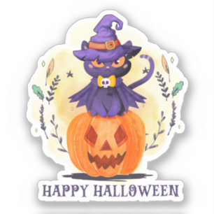 Purple Witch Cat on Pumpkin – Happy Halloween Sticker