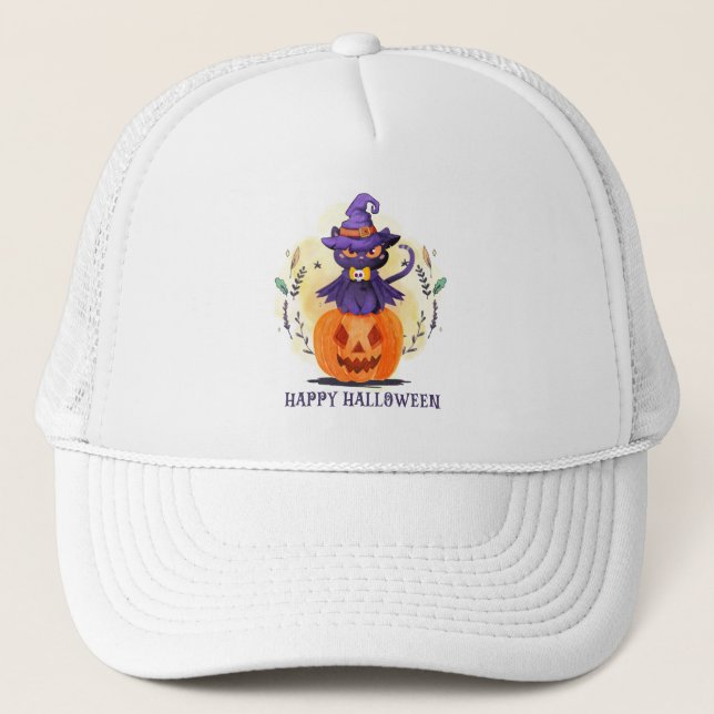 Purple Witch Cat on Pumpkin – Happy Halloween Trucker Hat (Front)