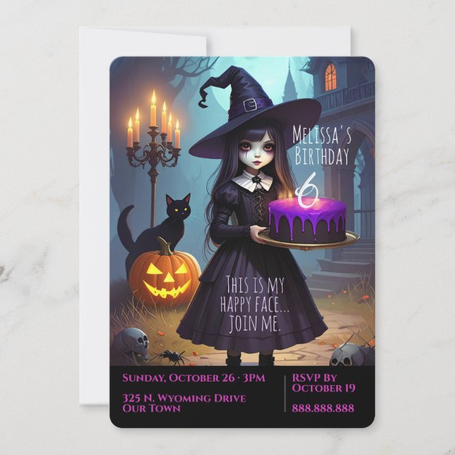 Purple Witch, Creepy Cute Spooky Birthday Invitation (Front)