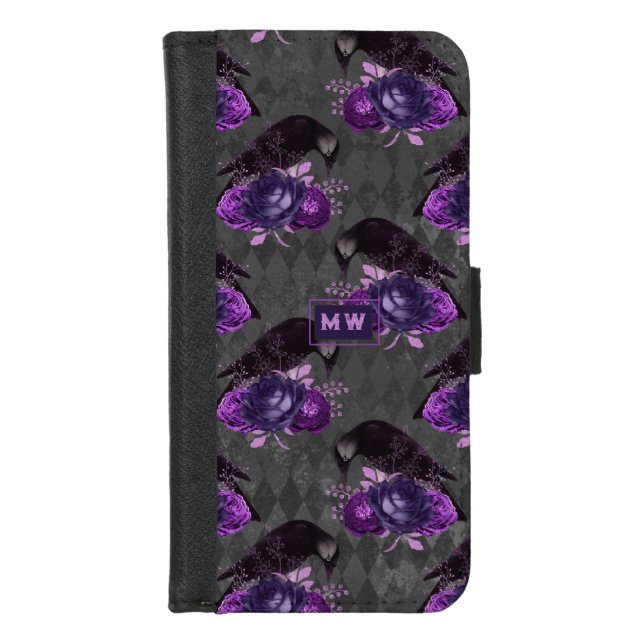 Purple Witch Gothic Raven Monogram iPhone Wallet Case (Front)