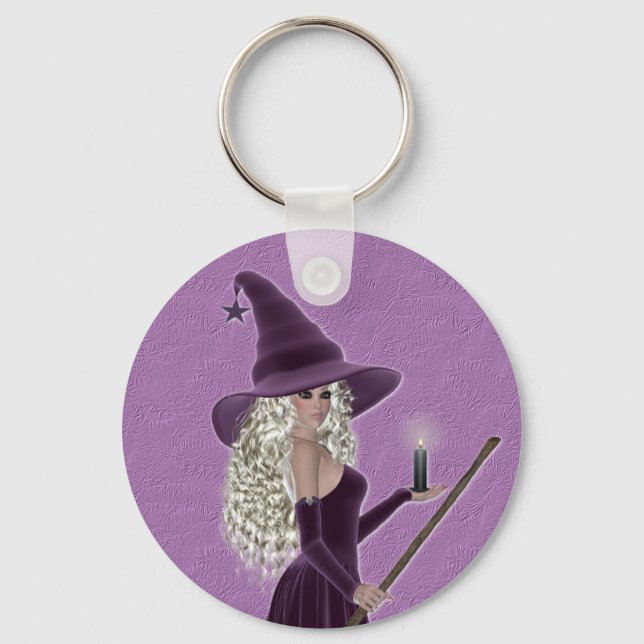 Purple Witch holding a Candle Keychain (Front)