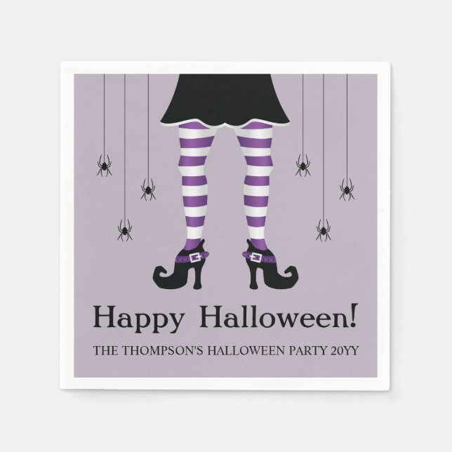 Purple Witch Legs And Spiders Happy Halloween Napkins (Front)