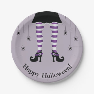 Purple Witch Legs And Spiders Happy Halloween Paper Plates