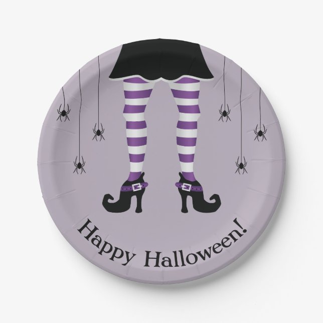 Purple Witch Legs And Spiders Happy Halloween Paper Plates (Front)