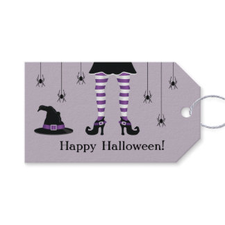 Purple Witch Legs And Spiders Happy Halloween Text Gift Tags