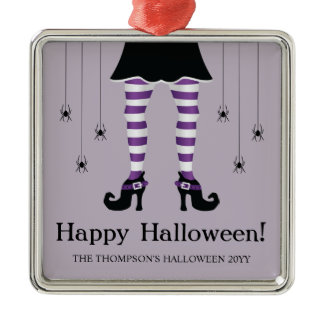 Purple Witch Legs And Spiders Happy Halloween Text Metal Ornament