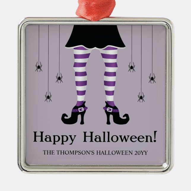 Purple Witch Legs And Spiders Happy Halloween Text Metal Ornament (Front)