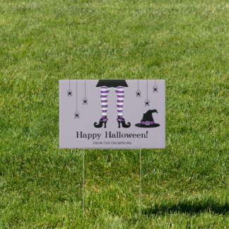 Purple Witch Legs And Spiders Happy Halloween Text Sign