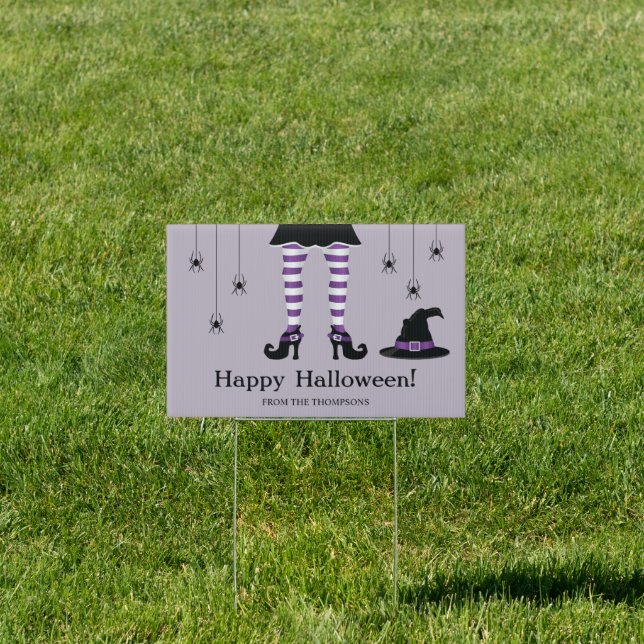 Purple Witch Legs And Spiders Happy Halloween Text Sign (Insitu)