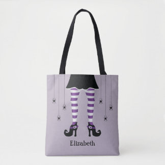 Purple Witch Legs And Spiders With Name Halloween Tote Bag