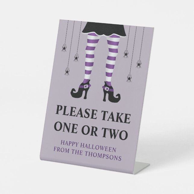 Purple Witch Legs Halloween Trick Or Treaters Note Pedestal Sign (Front)