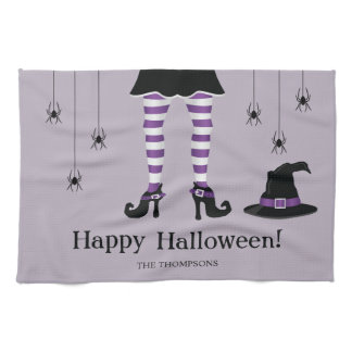 Purple Witch Legs With A Hat And Spiders Halloween Kitchen Towel