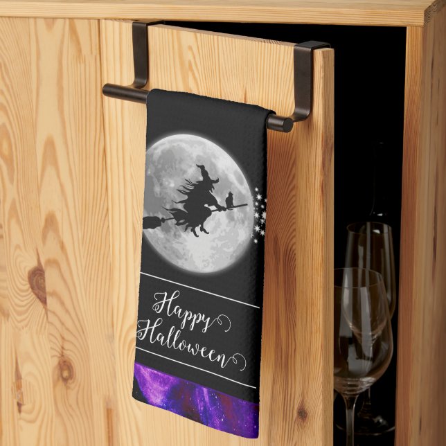 Purple Witch Silhouette Halloween Kitchen Towel (Thirds Fold)