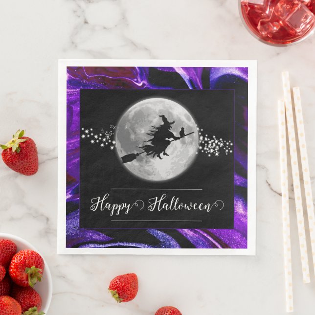 Purple Witch Silhouette Halloween Paper Dinner Napkins (Insitu)