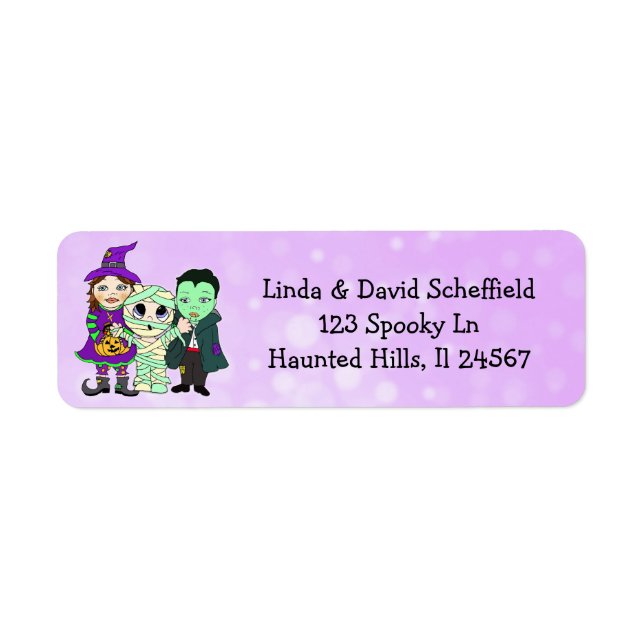 Purple Witch, Vampire and Mummy Halloween Label (Front)