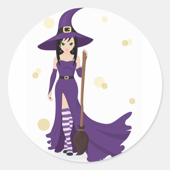 Purple Witch with Broom  Classic Round Sticker (Front)