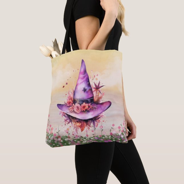Purple Witches Hat Abstract Flowers Halloween Tote Bag (Close Up)