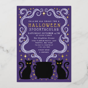 Purple Witchy Black Cat Cauldron Halloween Party Foil Invitation