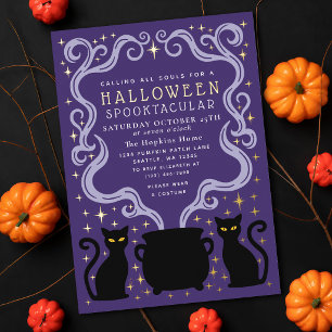 Purple Witchy Black Cat Cauldron Halloween Party Foil Invitation