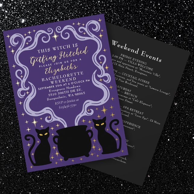 Purple Witchy Getting Hitched Bachelorette Weekend Foil Invitation (Creator Uploaded)