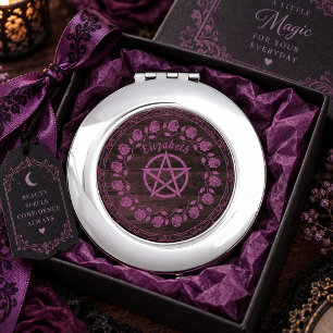 Purple Witchy Pentagram Rose Custom Name Compact Mirror