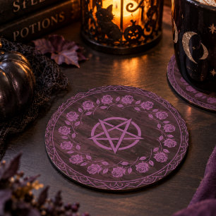 Purple Witchy Pentagram Rose Gothic Round Paper Coaster