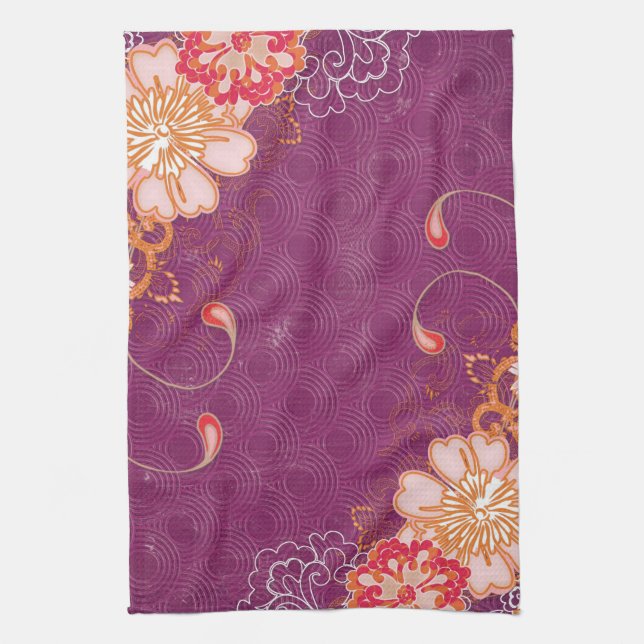 Purple with Big Flowers Tea Towel Kitchen Towel (Vertical)