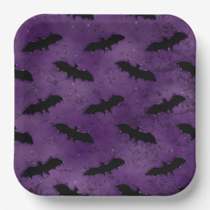 PURPLE WITH BLACK HALLOWEEN BATS PAPER PLATES