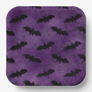 PURPLE WITH BLACK HALLOWEEN BATS PAPER PLATES