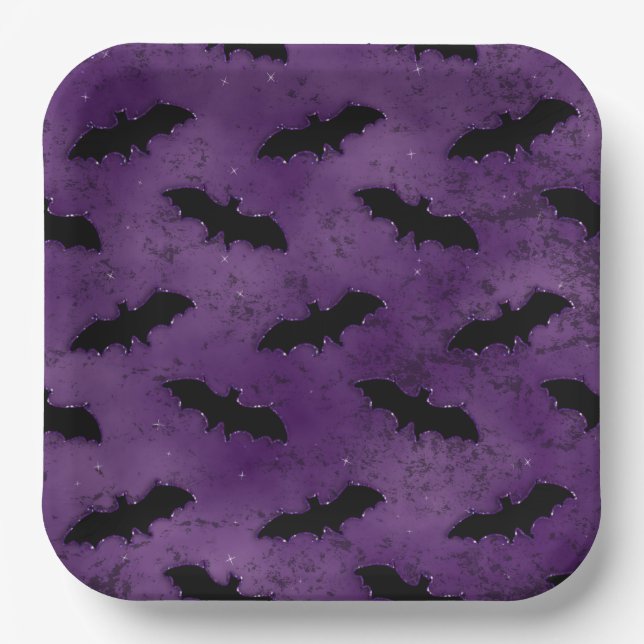 PURPLE WITH BLACK HALLOWEEN BATS PAPER PLATES (Front)