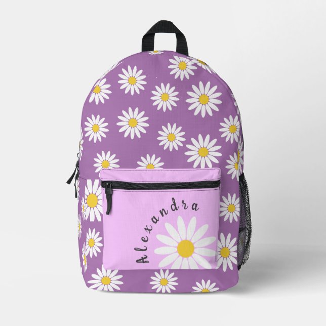 Purple with Daisy and Name Printed Backpack (Front)