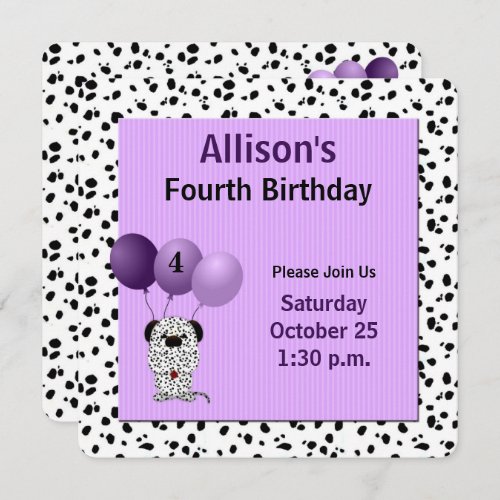 Purple with Dalmations 4th Birthday Party Invitation