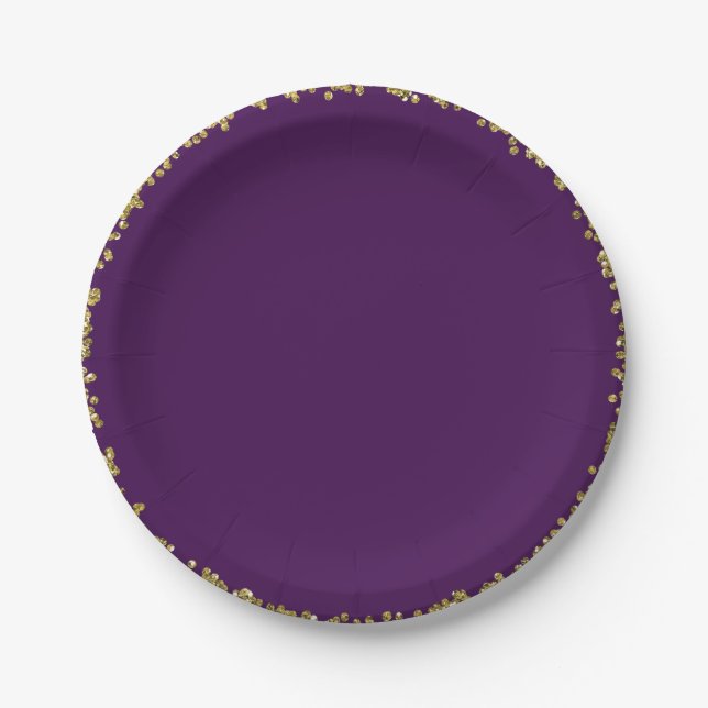 Purple with Gold Glitter Glam Birthday Party Paper Plates (Front)